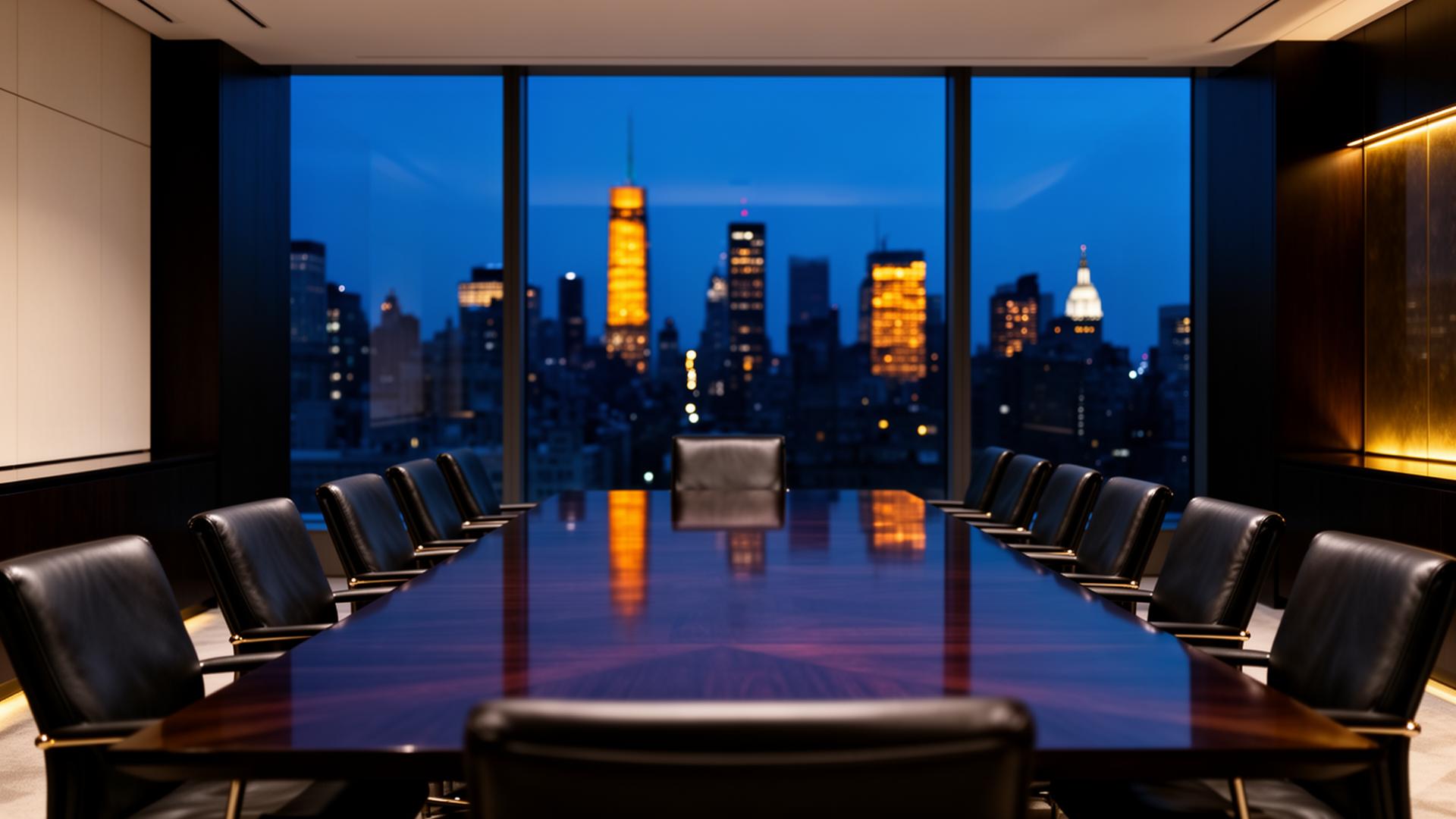 Executive boardroom overlooking a city skyline at blue hour